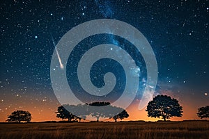 A bright comet in the night sky over an open field with trees