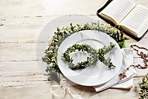 Bright communion place setting with copy space.