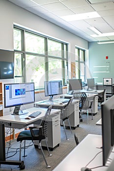 Bright computer lab with multiple workstations and large windows overlooking greenery.