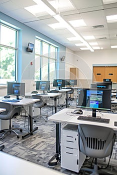 Bright computer lab with multiple workstations and large windows overlooking greenery. photo