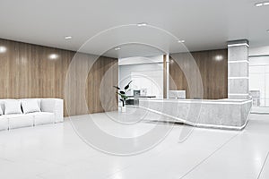 Bright concrete and wooden office interior with reception desk and window with city view. Office lobby and waiting area concept.