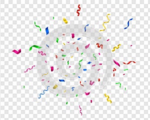 Bright confetti. Vector party celebrate, colorful streamer. Fun carnival decor for holiday celebration on transparent