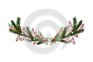 Bright Coniferous Tree Branch and Barberry Arranged in Semicircular Vector Composition