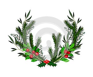 Bright Coniferous Tree Branches and Cranberry Twigs Arranged in Semicircular Vector Composition