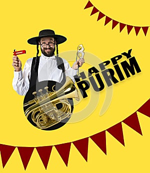 Bright contemporary art collage with happy young orthodox jewish man during festival purim. Holiday, celebration