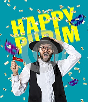 Bright contemporary art collage with happy young orthodox jewish man during festival purim. Holiday, celebration