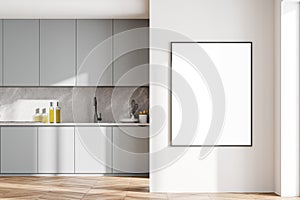 Bright contemporary kitchen room interior with empty white poster