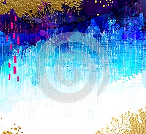 Bright contrast gold and blue watercolor stains on the grunge background. Abstract vector composition for the creative