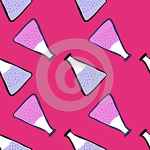 Bright contrast seamless pattern with education science pink and blue flasks. Pink background. Labaratory print