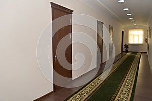 Bright corridor in a business office with closed doors to the offices