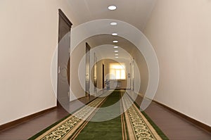 Bright corridor in a business office with closed doors to the offices