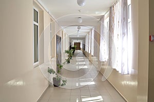 Bright corridor with large windows and closed doors