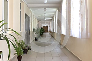 Bright corridor with large windows and closed doors
