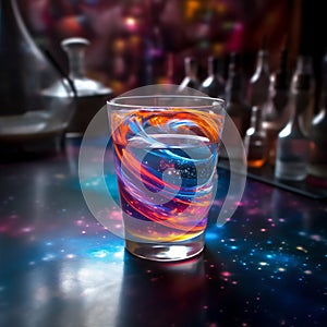 Bright cosmic cocktail in tall glass on bar top, with colorful turbulence, AI generated