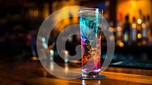 Bright cosmic cocktail in tall glass on bar top, with colorful turbulence, AI generated