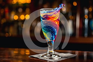 Bright cosmic cocktail in tall glass on bar top, with colorful turbulence, AI generated