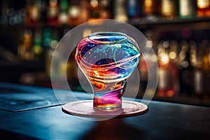 Bright cosmic cocktail in tall glass on bar top, with colorful turbulence, AI generated