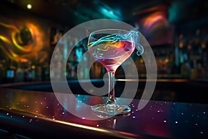 Bright cosmic cocktail in tall glass on bar top, with colorful turbulence, AI generated