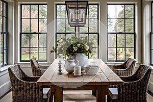 Bright country farmhouse dining room with rustic dining table and Wicker bucket chairs with large sash windows Generative AI