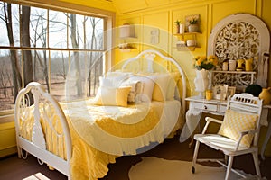 Bright and country small bedroom with white and yellow decor and cozy white bed