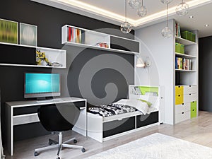 Bright and cozy children`s room in modern urban contemporary sty