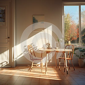 Bright cozy dining room, scandinavian, clean, bright, comfortable wood decor design