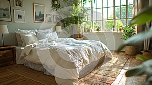 Cozy Modern Bedroom with Sunlit Bedding and Indoor Plants photo