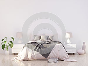 Bright and cozy modern bedroom interior design, light walls, gray blanket,soft pillows, white furniture. 3D render