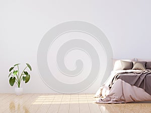 Bright and cozy modern bedroom interior design, light walls, gray blanket,soft pillows, white furniture. 3D render
