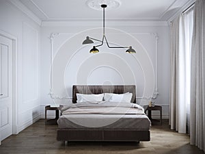 Bright and cozy modern bedroom interior design with white walls, plaster moldings on the walls, and large window