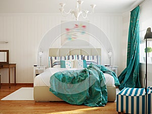 Bright and cozy modern bedroom interior design with white walls, turquoise curtains and blanket