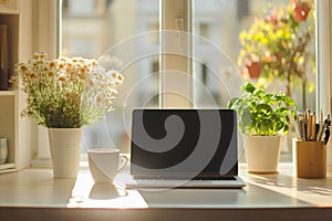 Bright and cozy workspace on kitchen table with laptop, coffee, and morning light creates relaxed and productive