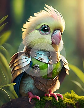 bright cream baby parrot, adorable big eyes, in Knight armor and helmet. AI Generative