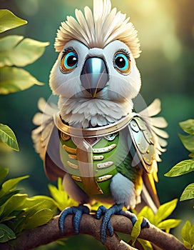 bright cream baby parrot, adorable big eyes, in Knight armor and helmet. AI Generative