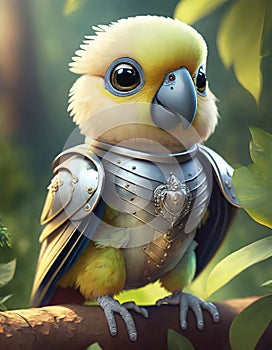 bright cream baby parrot, adorable big eyes, in Knight armor and helmet. AI Generative