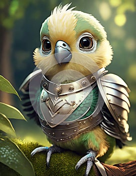 bright cream baby parrot, adorable big eyes, in Knight armor and helmet. AI Generative