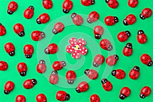 Bright creative background with decorative wooden button and ladybugs