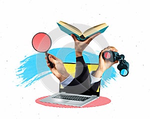 Bright creative collage with laptop and hands holding magnifier, binoculars, and book.