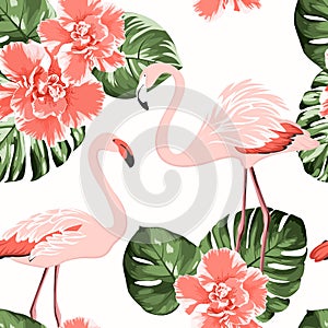 Bright crimson camelia flowers, exotic pink flamingo birds, tropical monstera philodendron green leaves seamless pattern