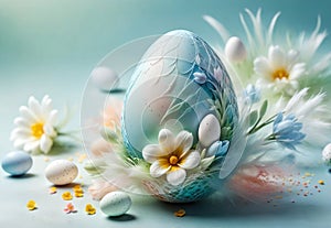 Bright crocus buds and transparent Easter egg on a pastel background
