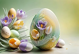 Bright crocus buds and transparent Easter egg on a pastel background