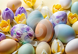 Bright crocus buds and transparent Easter egg on a pastel background