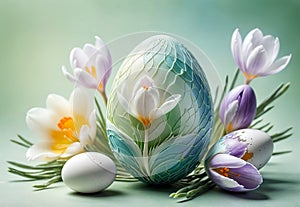 Bright crocus buds and transparent Easter egg on a pastel background