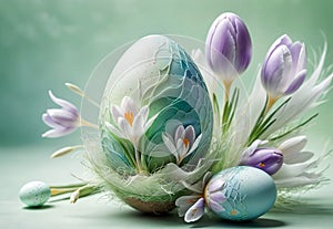 Bright crocus buds and transparent Easter egg on a pastel background
