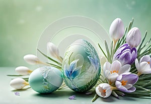 Bright crocus buds and transparent Easter egg on a pastel background
