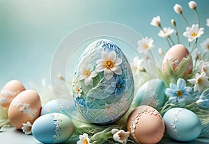 Bright crocus buds and transparent Easter egg on a pastel background