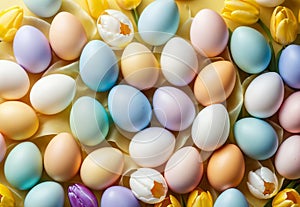 Bright crocus buds and transparent Easter egg on a pastel background