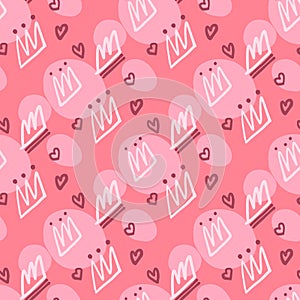 Bright crown and heart elements seamless doodle pattern. White hand drawn silhouettes on pink background