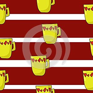 Bright cup with heart pattern seamless pattern, yellow mug in cartoon style on striped background