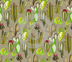 Bright cute beautiful abstract lovely mexican tropical floral herbal summer green set of a cactus paint like child pattern on beig